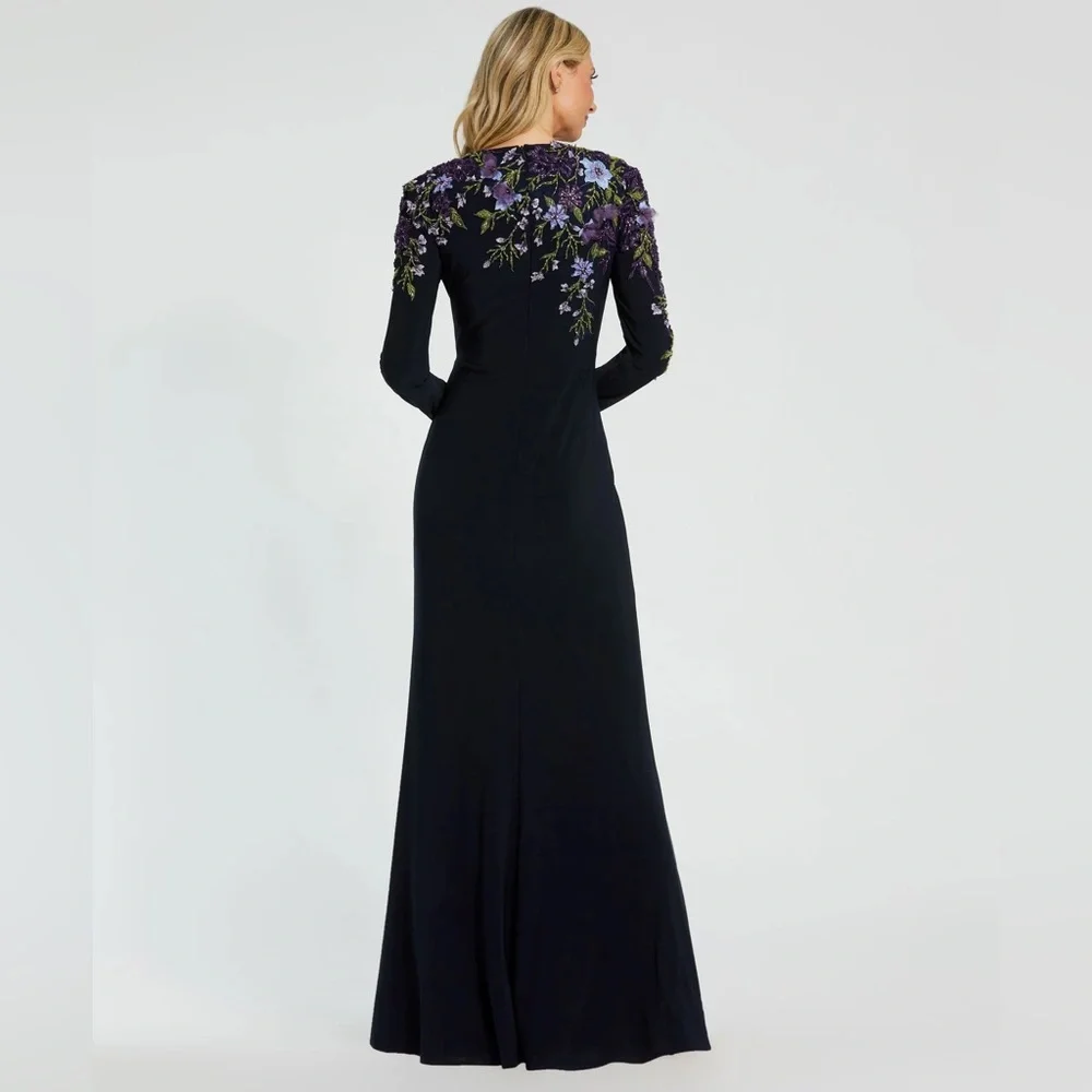 BNWT Mac Duggal Navy Embellished Long Sleeve Fitted Gown - Picture 7 of 8
